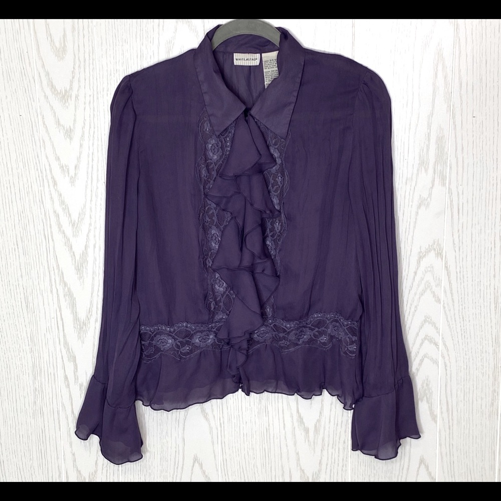 Vintage Purple Lace Ruffle Button Up Top with Bell Sleeves Size Small